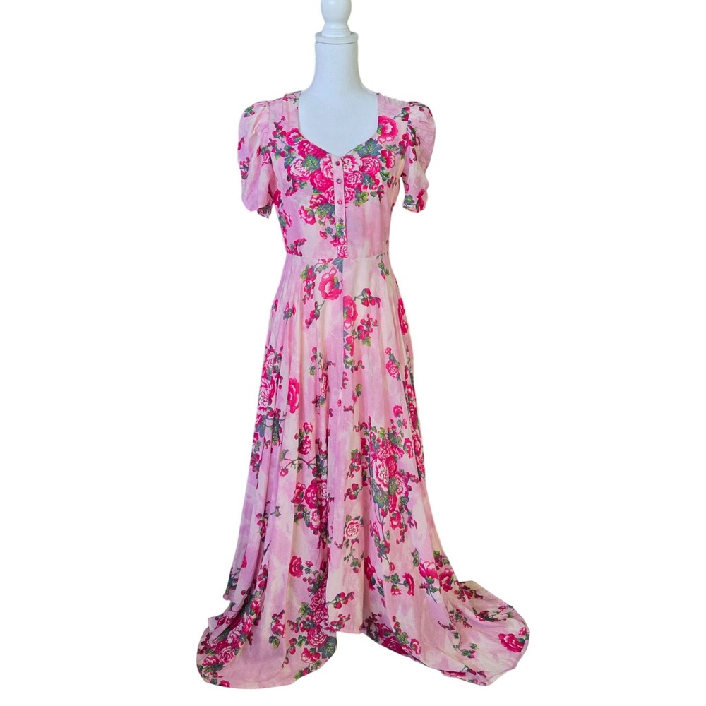LoveShackFancy Coralie Pink Floral Dress Puff Sleeve Maxi Midi Cottagecore 2